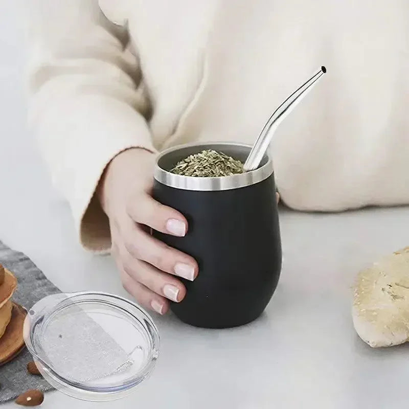 Bombilla Set Includes Yerba Mate Gourd (Cup) with One Bombilla Yerba Mate Gourd Set Double-Wall Stainless Steel Mate Tea Cup
