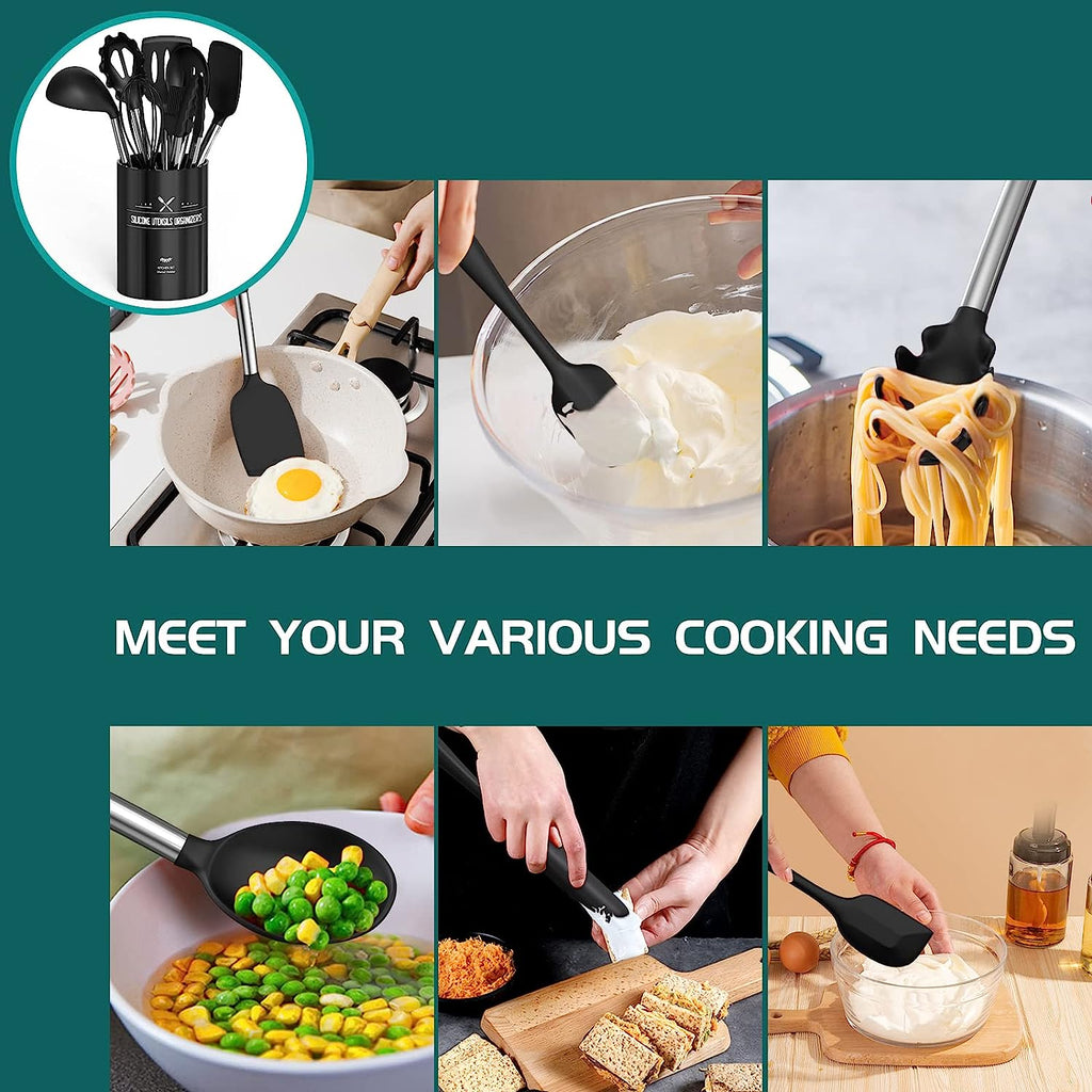 Silicone Cooking Utensil Set, Umite Chef 15Pcs Silicone Cooking Kitchen Utensils Set, Non-Stick - Best Kitchen Cookware with Stainless Steel Handle - Black Kitchen Utensils