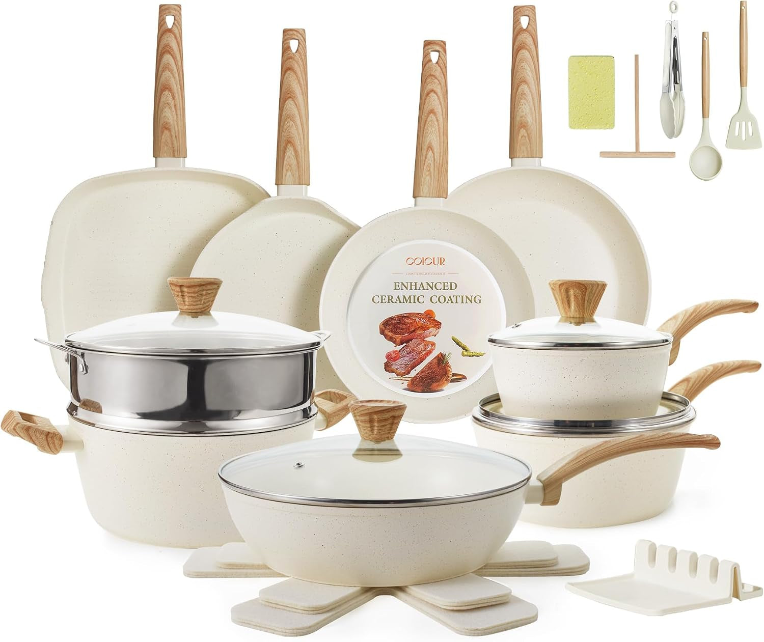 26Pcs Pots and Pans Nonstick Ceramic Cookware Set Nontoxic Kitchen Cooking Set with Steamers Utensils Induction Compatible, PFAS/PFOA Free, Oven and Dishwasher Safe, Cream White
