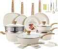 26Pcs Pots and Pans Nonstick Ceramic Cookware Set Nontoxic Kitchen Cooking Set with Steamers Utensils Induction Compatible, PFAS/PFOA Free, Oven and Dishwasher Safe, Cream White