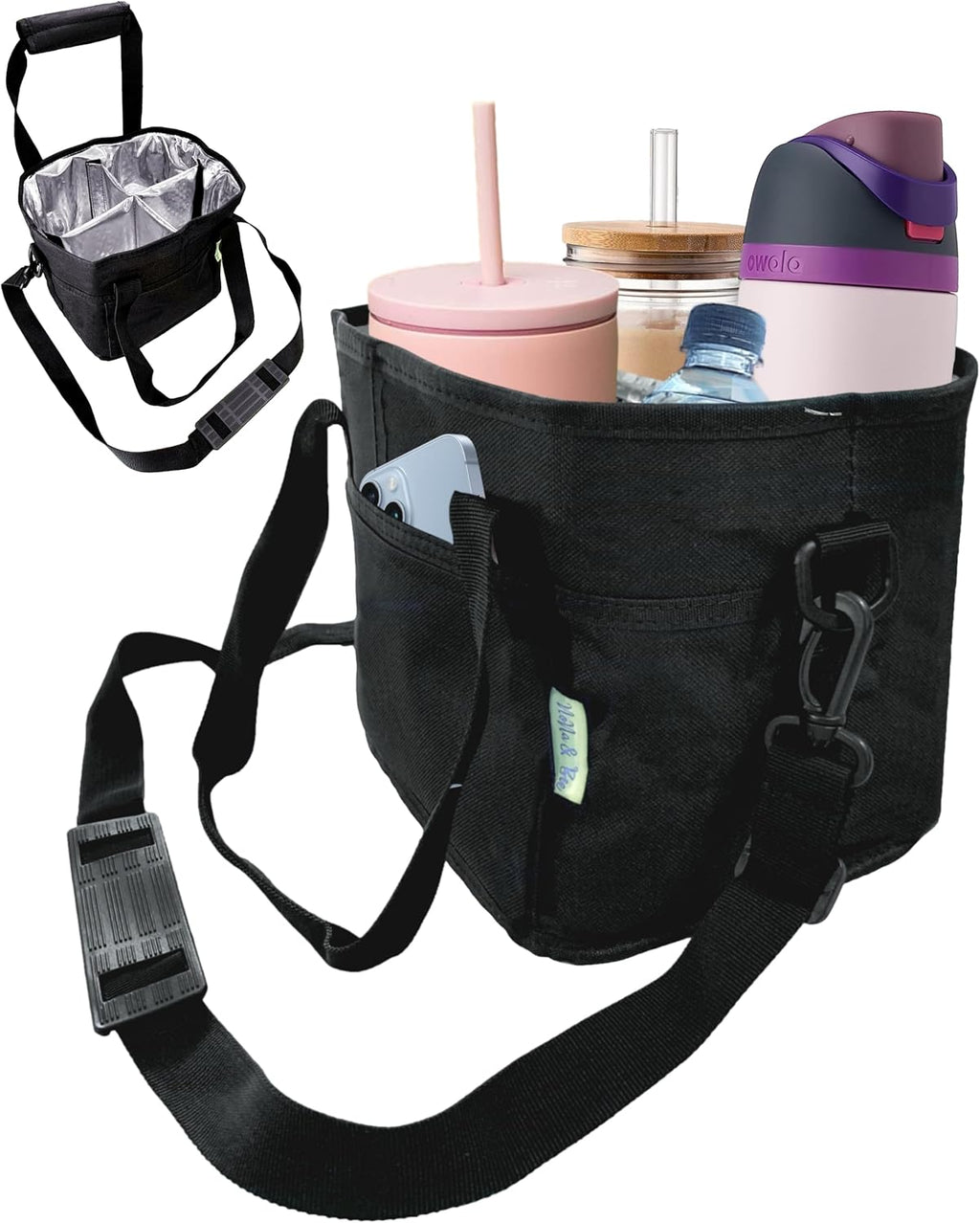 Nona & Bee 4 Water Bottle Holder with Strap | Family Size 4 Compartment Drink Bag, Multiple Tumbler Carrier Caddy | Adjustable Fits Large & Small Drinks | Hands Free, Won'T Tip over in Car