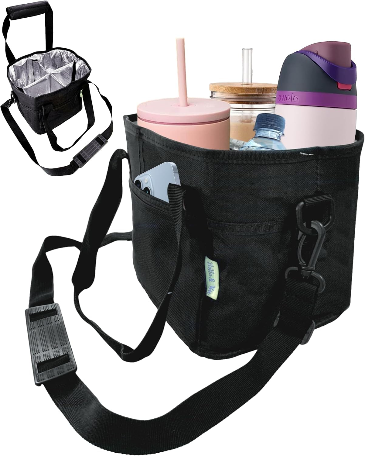 Nona & Bee 4 Water Bottle Holder with Strap | Family Size 4 Compartment Drink Bag, Multiple Tumbler Carrier Caddy | Adjustable Fits Large & Small Drinks | Hands Free, Won'T Tip over in Car