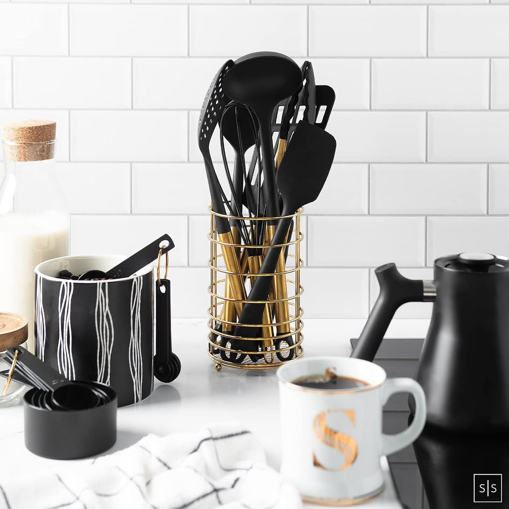 Black and Gold Kitchen Utensils Set with Stainless Steel Holder – 18-Piece Nylon Cooking Utensils with Measuring Cups and Spoons – Stylish Gold Kitchen Accessories for Baking and Cooking