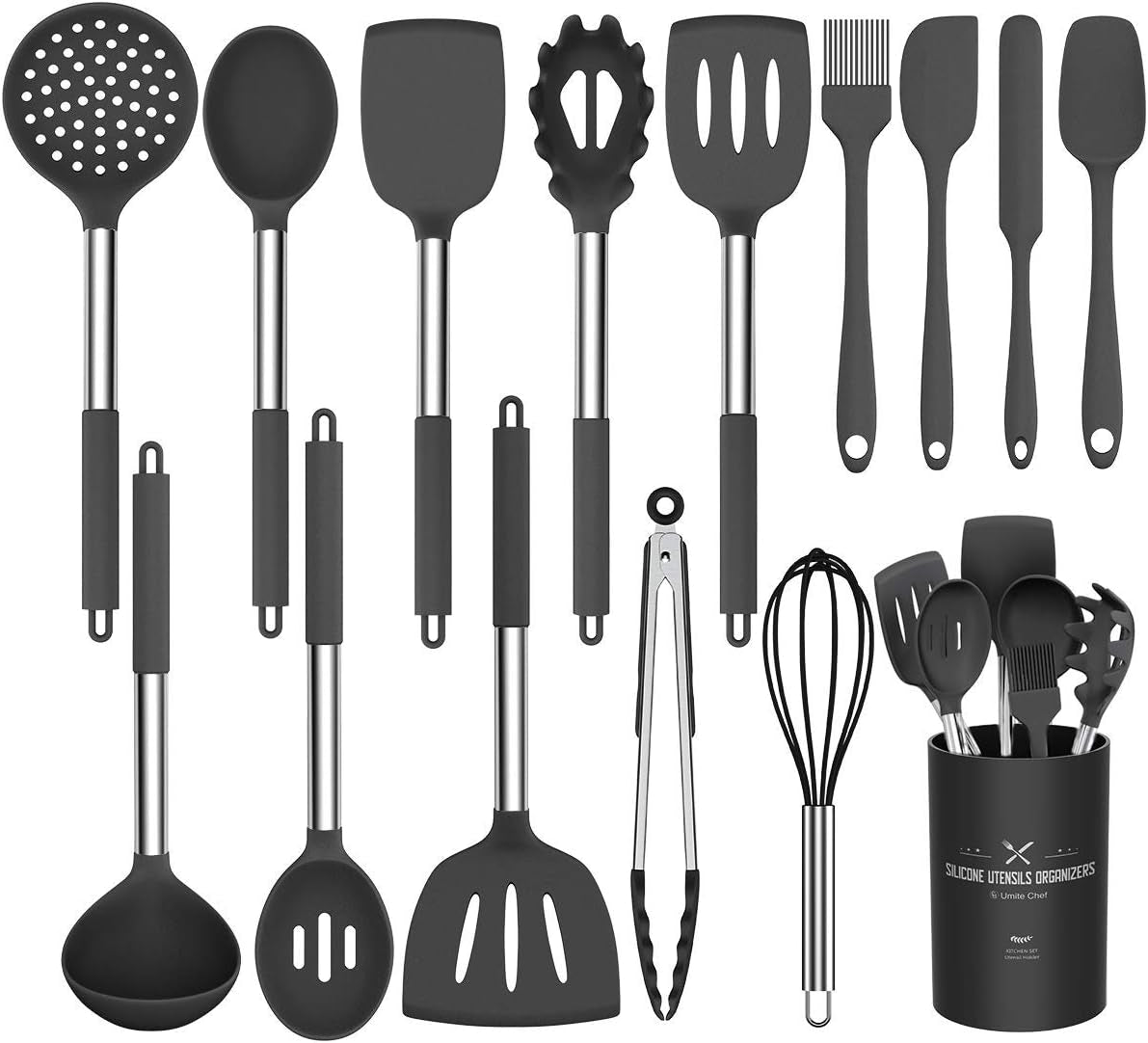 Silicone Cooking Utensil Set, Umite Chef 15Pcs Silicone Cooking Kitchen Utensils Set, Non-Stick - Best Kitchen Cookware with Stainless Steel Handle - Black Kitchen Utensils