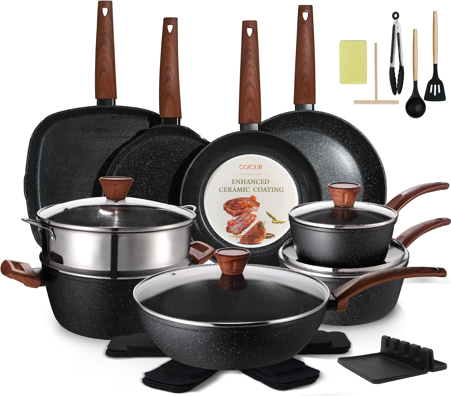 26Pcs Pots and Pans Nonstick Ceramic Cookware Set Nontoxic Kitchen Cooking Set with Steamers Utensils Induction Compatible, PFAS/PFOA Free, Oven and Dishwasher Safe, Cream White
