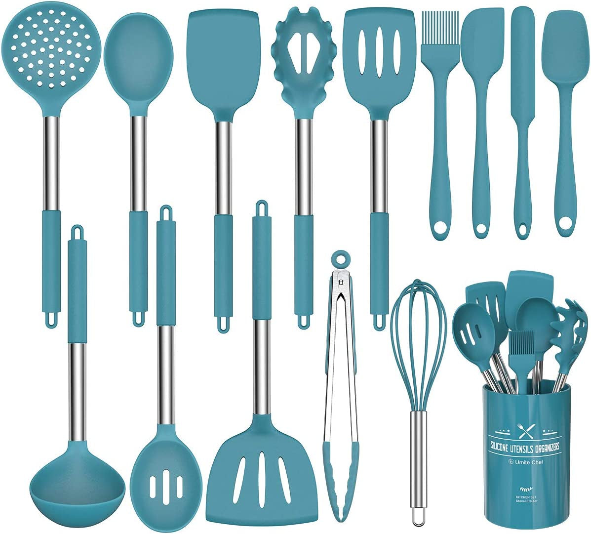 Silicone Cooking Utensil Set, Umite Chef 15Pcs Silicone Cooking Kitchen Utensils Set, Non-Stick - Best Kitchen Cookware with Stainless Steel Handle - Black Kitchen Utensils
