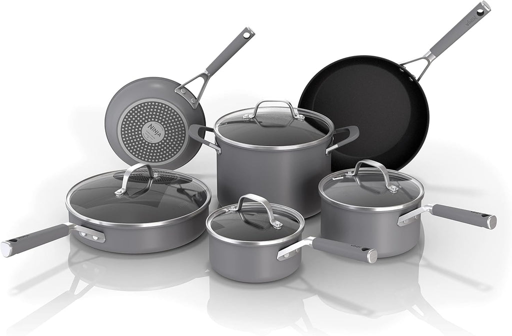 Ninja Pots and Pans Set Non Stick | Comfort Grip 10-Piece Cookware Set with Neverstick | Frying Pan, Sauce Pan with Lid, Stock Pot with Lid, Nonstick, Dishwasher Safe, Oven Safe to 400°F, CW69010