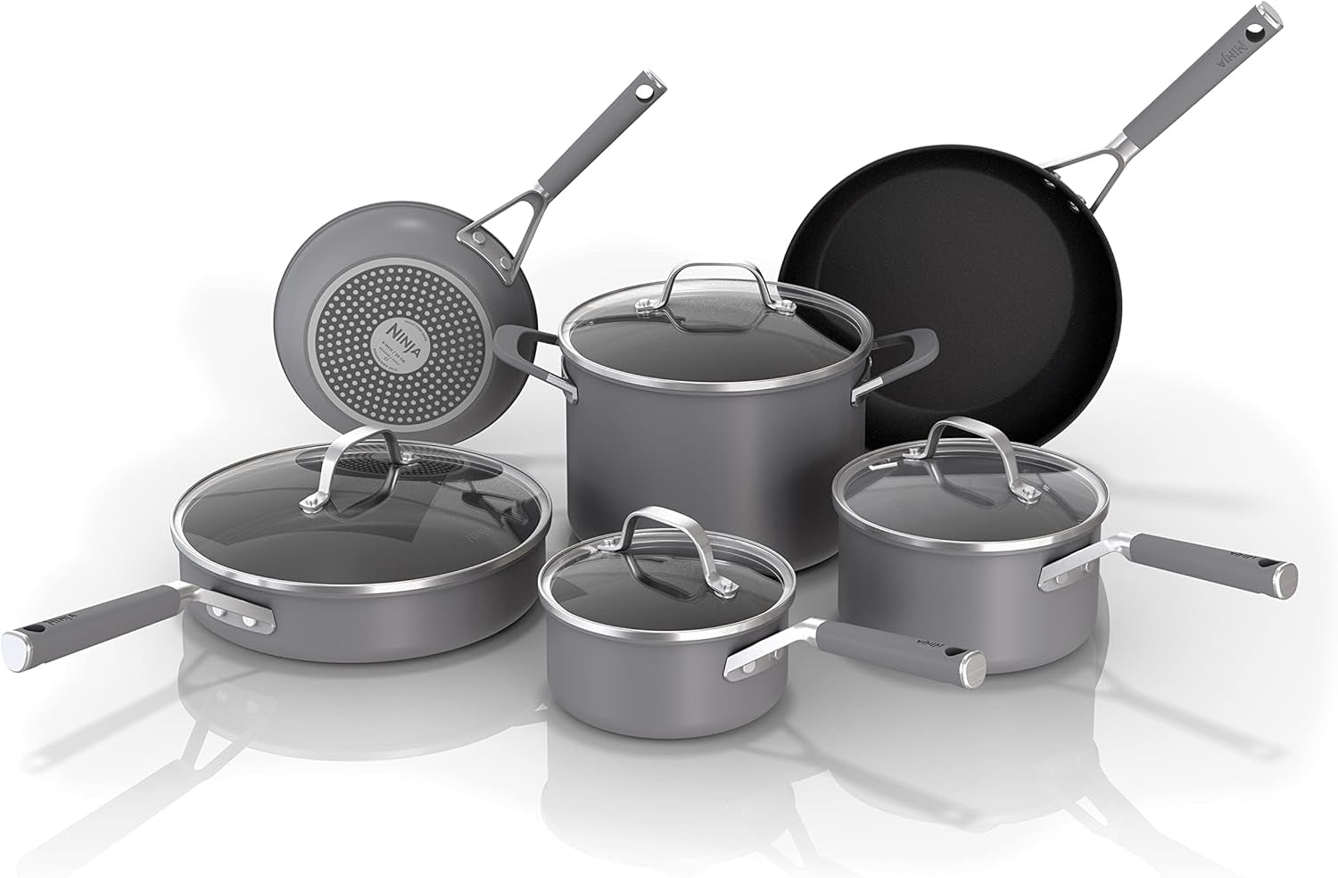 Ninja Pots and Pans Set Non Stick | Comfort Grip 10-Piece Cookware Set with Neverstick | Frying Pan, Sauce Pan with Lid, Stock Pot with Lid, Nonstick, Dishwasher Safe, Oven Safe to 400°F, CW69010
