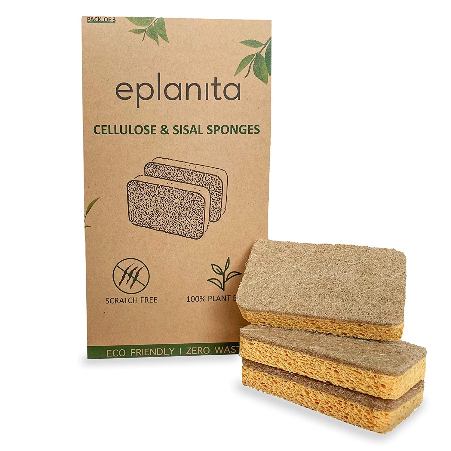 Eplanita Natural Plant Based Scrub Sponges (3 Pack), Non-Scratch, Biodegradable Eco Scourers for Kitchen and Bathroom