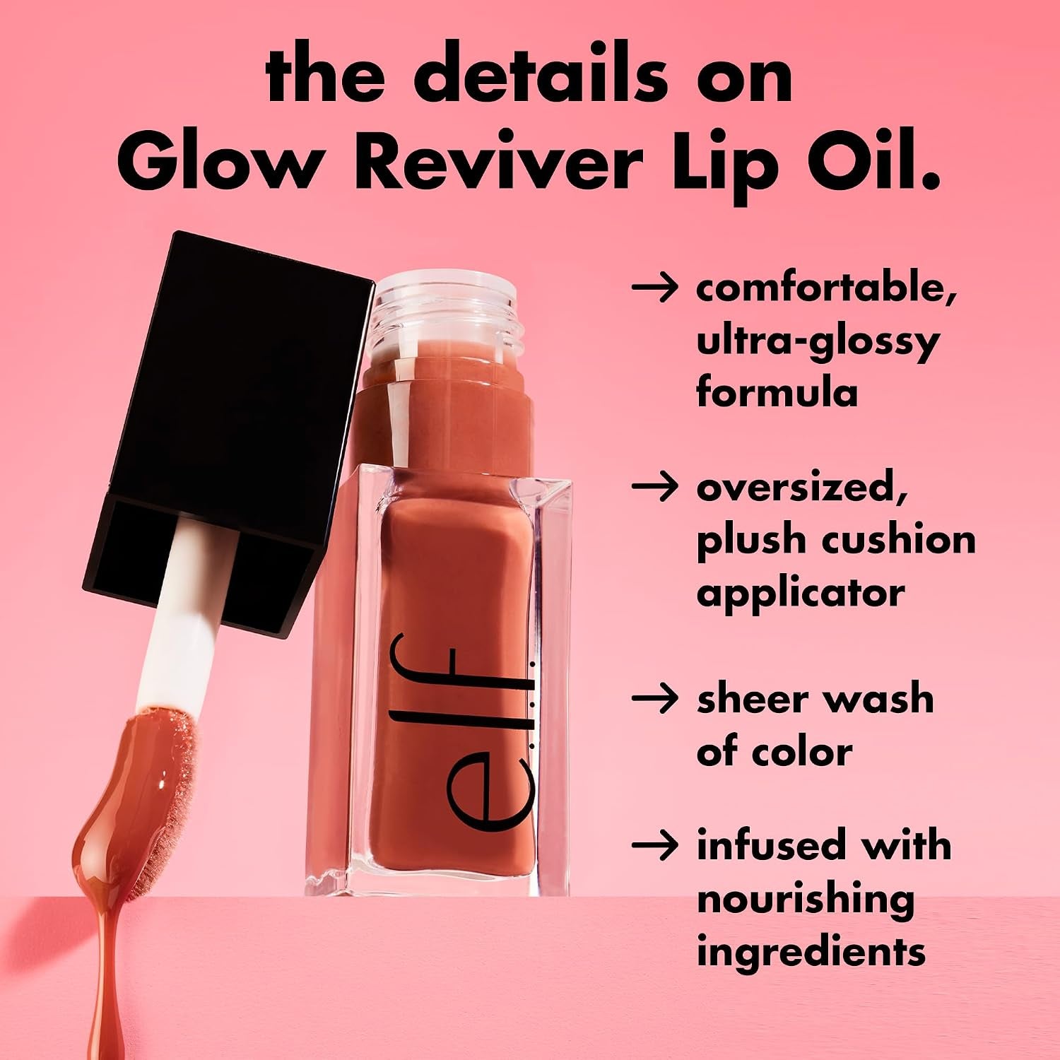 E.L.F. Glow Reviver Lip Oil, Nourishing Tinted Lip Oil for a High-Shine Finish, Infused with Jojoba Oil, Vegan & Cruelty-Free, Rose Envy