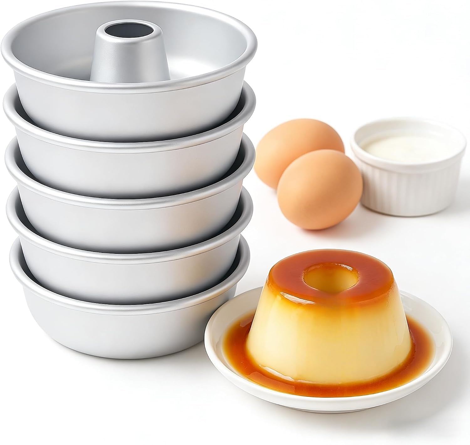 Moldes Pequeños De Aluminio Para Flan, 10 X 3.5 Cm, 6 Pack | Individual Metal Custard Molds with Center Tube, for Mini Flan, Desserts, Oven Baking and Steaming