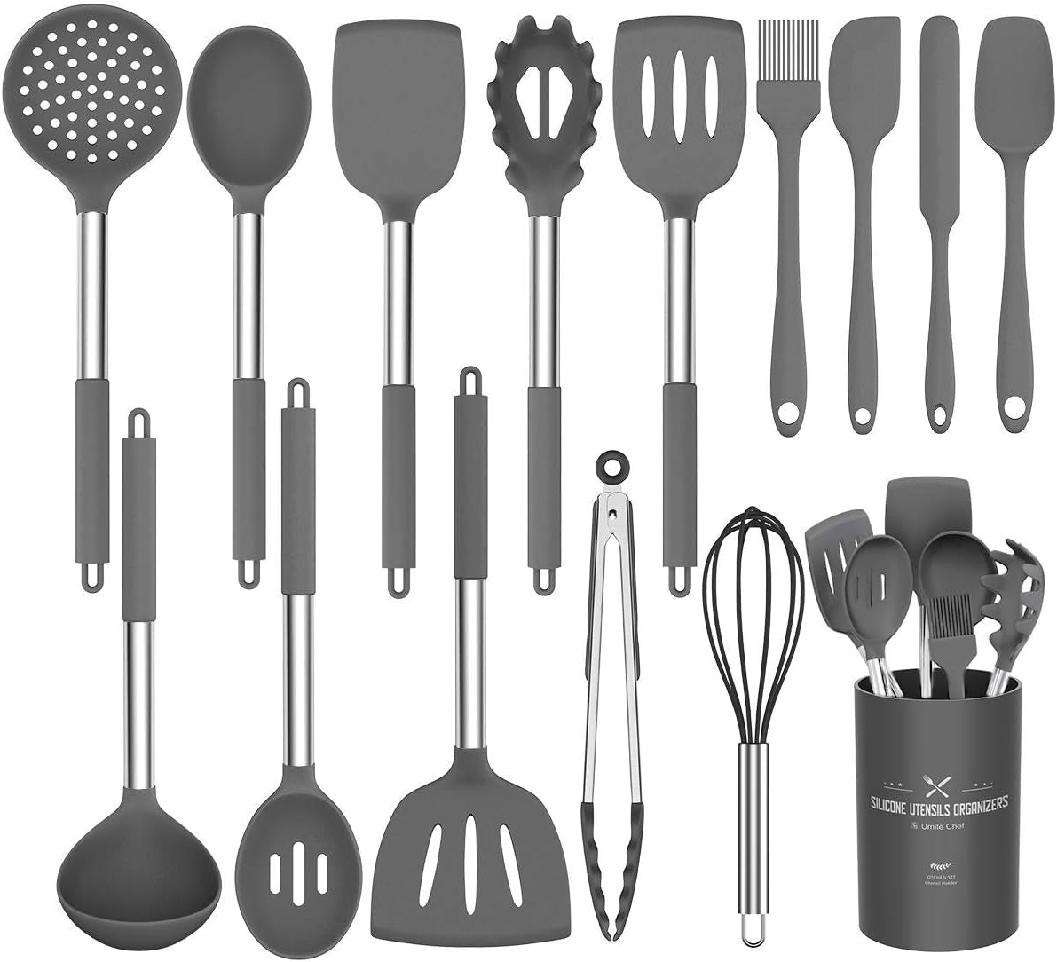 Silicone Cooking Utensil Set, Umite Chef 15Pcs Silicone Cooking Kitchen Utensils Set, Non-Stick - Best Kitchen Cookware with Stainless Steel Handle - Black Kitchen Utensils