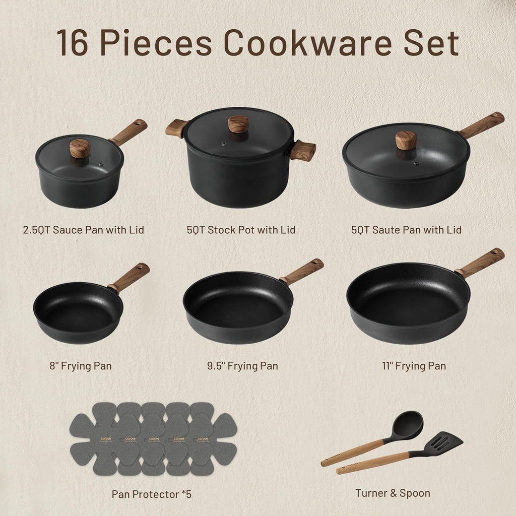 CAROTE Nonstick Pots and Pans, Induction Titanium Cookware Set 16Pcs Kitchen Cooking Sets, Pot and Pan Non Stick W/Frying Pan (PFOS, PFOA Free)