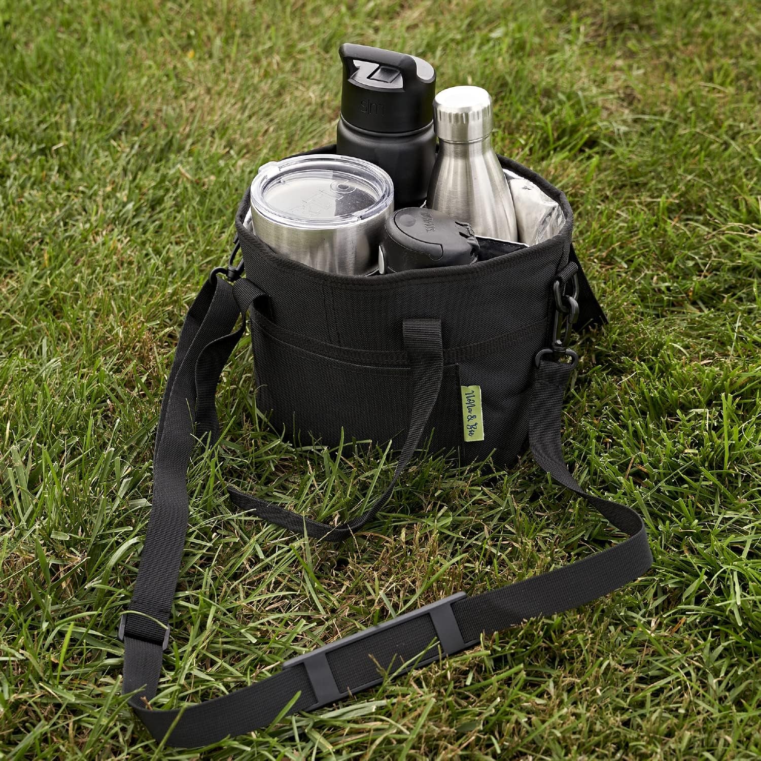 Nona & Bee 4 Water Bottle Holder with Strap | Family Size 4 Compartment Drink Bag, Multiple Tumbler Carrier Caddy | Adjustable Fits Large & Small Drinks | Hands Free, Won'T Tip over in Car