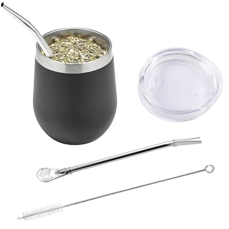 Bombilla Set Includes Yerba Mate Gourd (Cup) with One Bombilla Yerba Mate Gourd Set Double-Wall Stainless Steel Mate Tea Cup