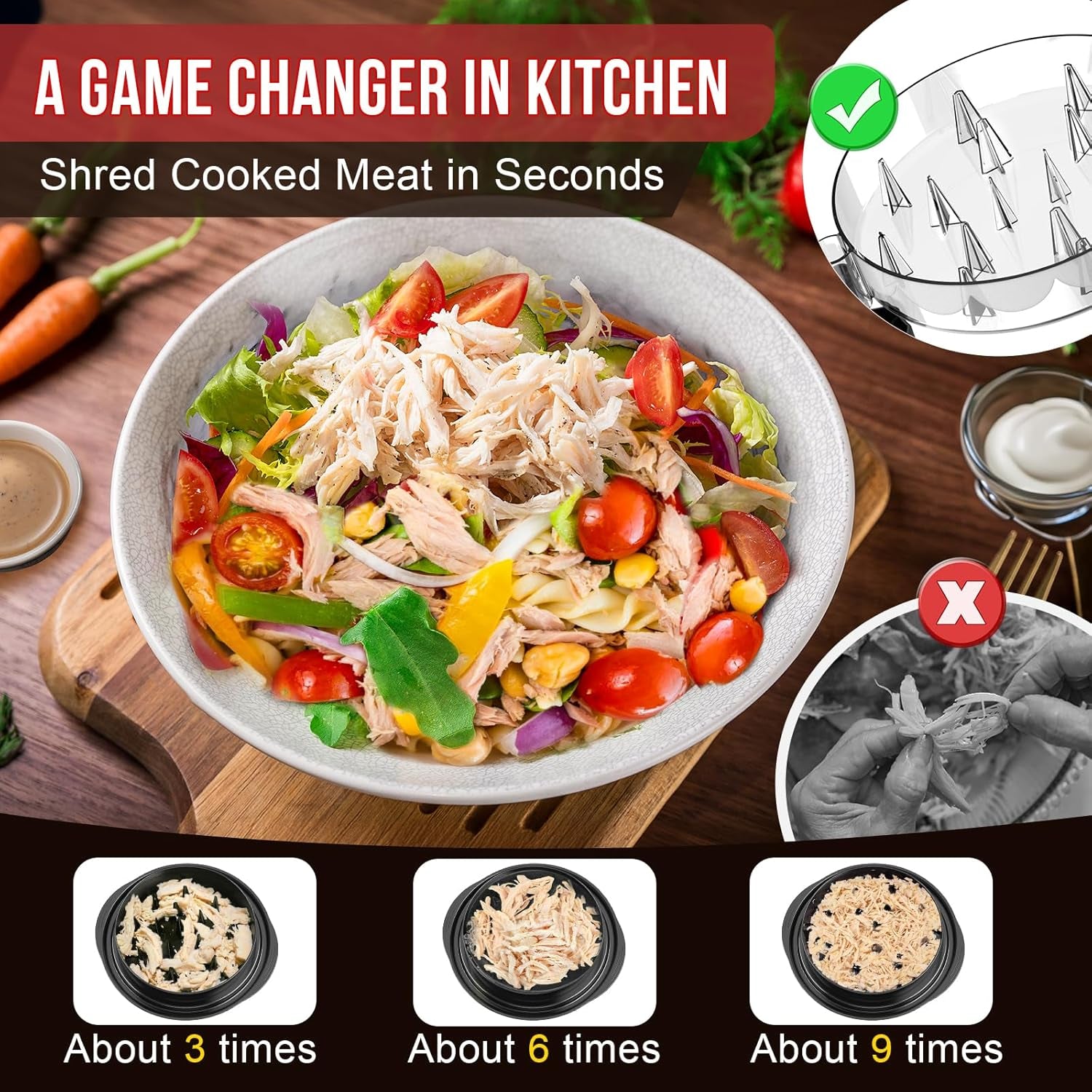 Soullife Chicken Shredder 8 Inches, Chicken Shredder Tool Twist for Pork Beef Chicken, Meat Shredder, Clear Lid, Ergonomic Handle, Strong Anti-Slip, BPA Free, Easy to Clean, Dishwasher Safe (Black)