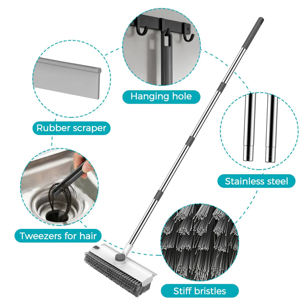 JOIORBOO 3-In-1 Floor Scrub Brush with Long Handle – Double-Sided Bristle & Squeegee for Bathroom, Shower & Kitchen