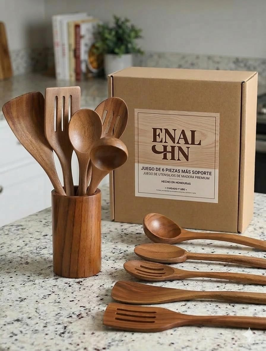 Utensilios De Madera, 6 PCS De Madera Incluye El Soporte.