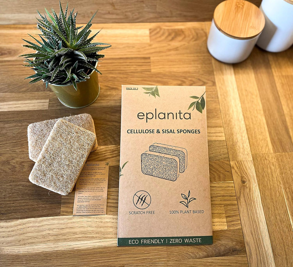 Eplanita Natural Plant Based Scrub Sponges (3 Pack), Non-Scratch, Biodegradable Eco Scourers for Kitchen and Bathroom
