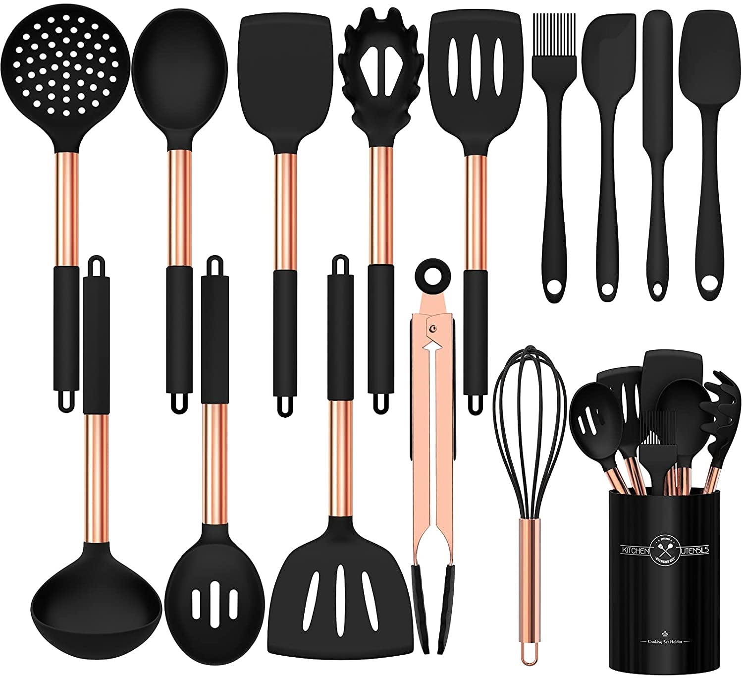 Silicone Cooking Utensil Set, Umite Chef 15Pcs Silicone Cooking Kitchen Utensils Set, Non-Stick - Best Kitchen Cookware with Stainless Steel Handle - Black Kitchen Utensils