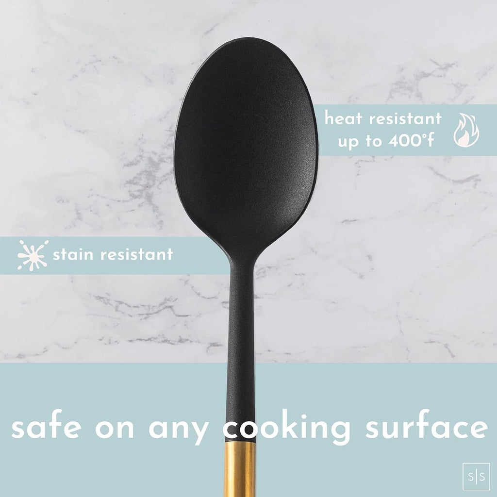 Black and Gold Kitchen Utensils Set with Stainless Steel Holder – 18-Piece Nylon Cooking Utensils with Measuring Cups and Spoons – Stylish Gold Kitchen Accessories for Baking and Cooking