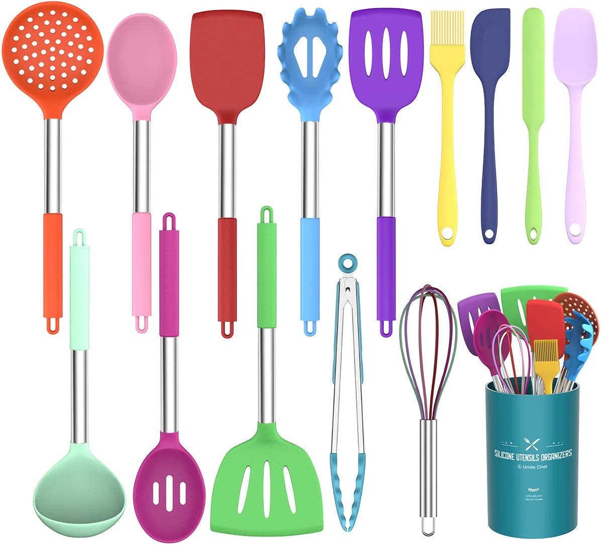 Silicone Cooking Utensil Set, Umite Chef 15Pcs Silicone Cooking Kitchen Utensils Set, Non-Stick - Best Kitchen Cookware with Stainless Steel Handle - Black Kitchen Utensils
