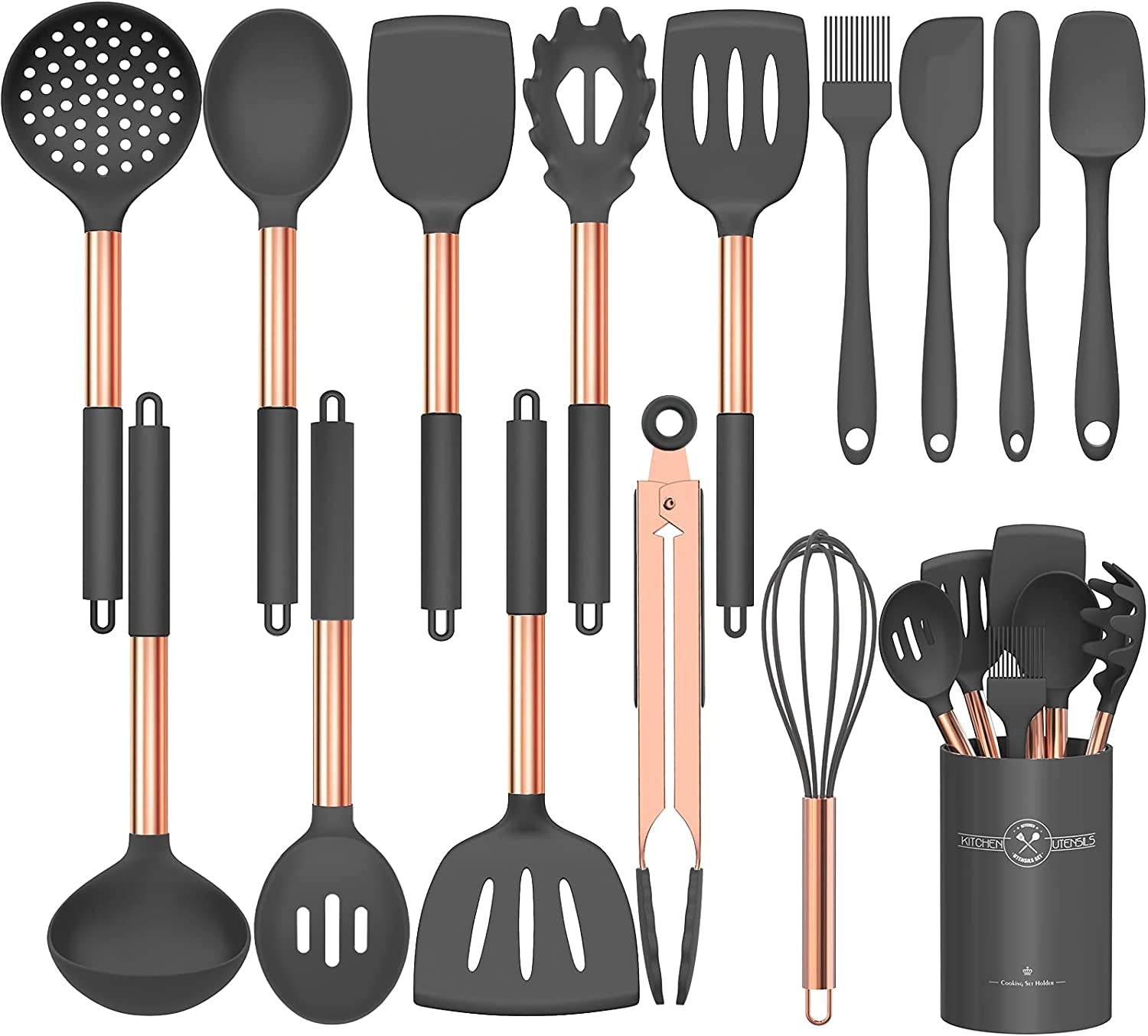 Silicone Cooking Utensil Set, Umite Chef 15Pcs Silicone Cooking Kitchen Utensils Set, Non-Stick - Best Kitchen Cookware with Stainless Steel Handle - Black Kitchen Utensils