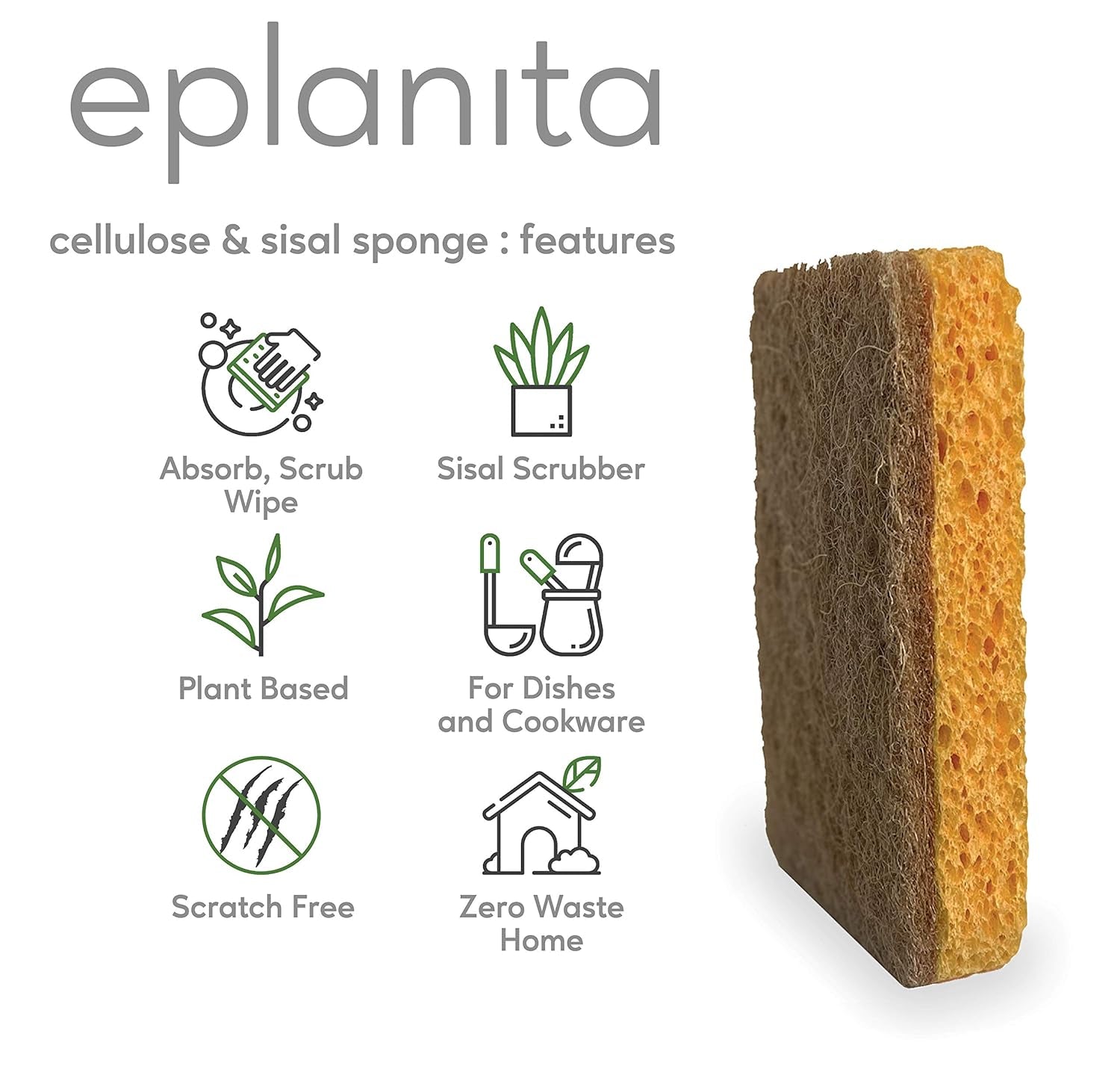 Eplanita Natural Plant Based Scrub Sponges (3 Pack), Non-Scratch, Biodegradable Eco Scourers for Kitchen and Bathroom