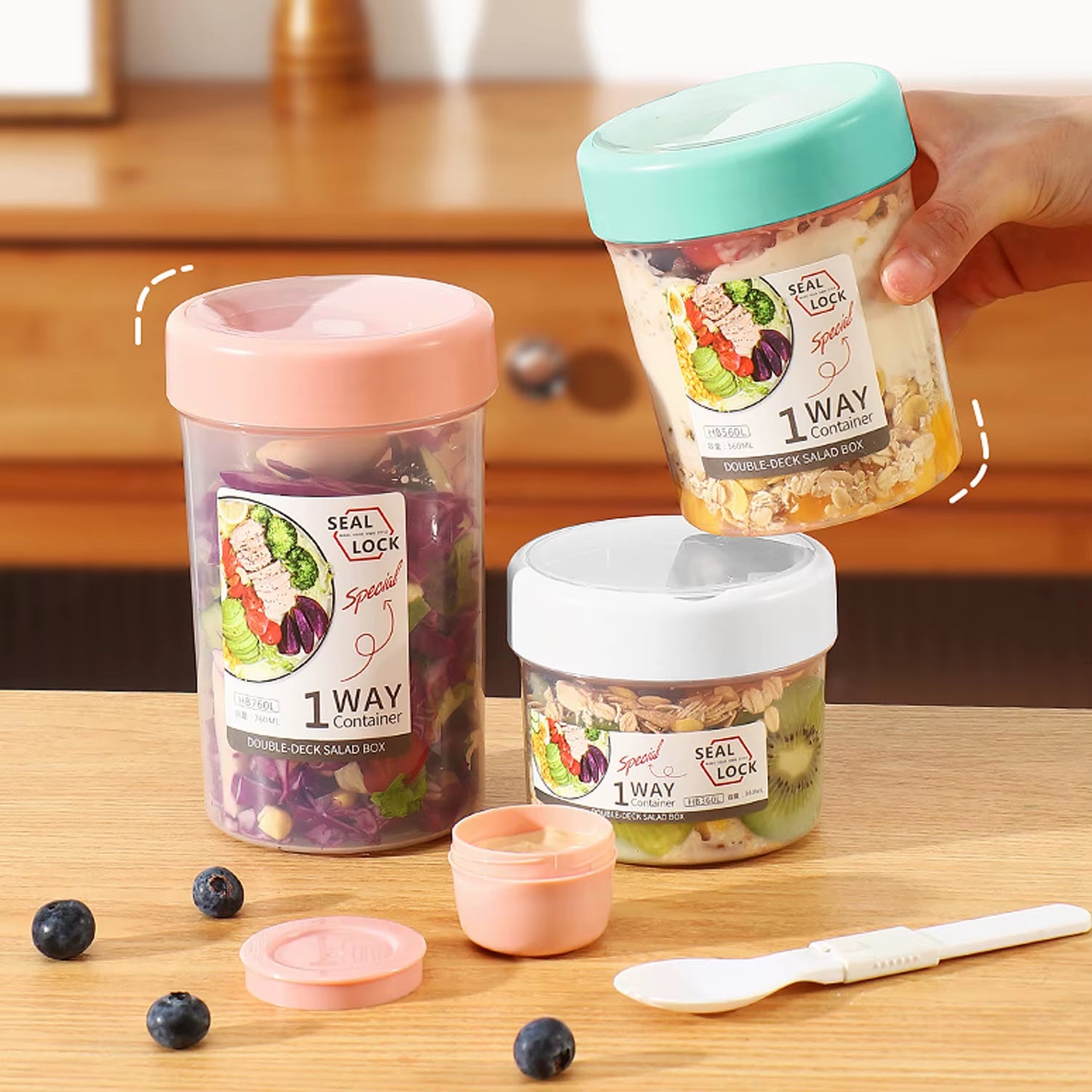 Portable Salad Cup, Breakfast Salad Cup, Sealed Leak Proof Cup with Fork and Sauce Box, Bento Box, Yogurt Storage Bowl, Lunch