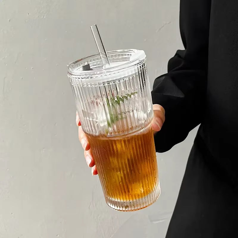 600ML Stripe Glass Coffee Cup with Lid and Straw Transparent Drinking Glasses for Juice Milk Tea Cups Iced Coffee Mugs Drinkware